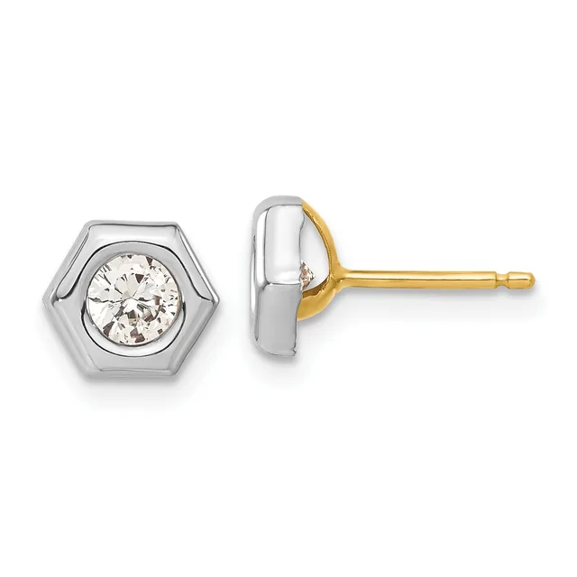 Pair of hexagonal stud earrings with round white diamonds set in two-tone metal, shown from front and side views with gold posts.
