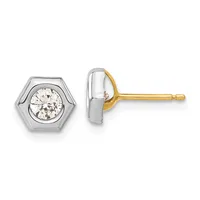 Pair of hexagonal stud earrings with round white diamonds set in two-tone metal, shown from front and side views with gold posts.
