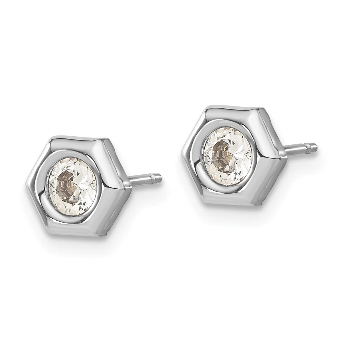 Pair of hexagonal silver stud earrings with bezel-set oval clear gemstones, shown from the front against a white background.
