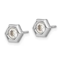 Pair of hexagonal silver stud earrings with bezel-set oval clear gemstones, shown from the front against a white background.