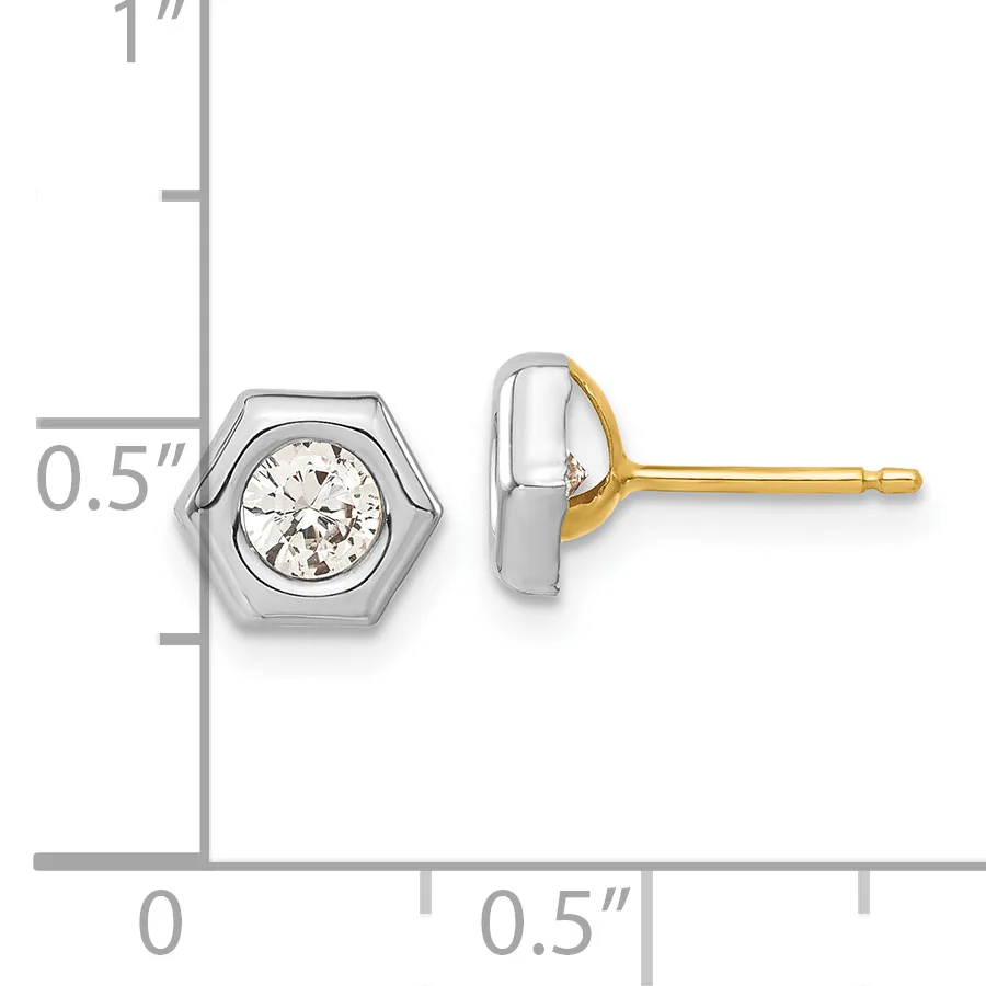 Pair of hexagonal stud earrings with round diamonds set in white metal with gold posts, shown next to a ruler indicating approximately 0.5 inch width.