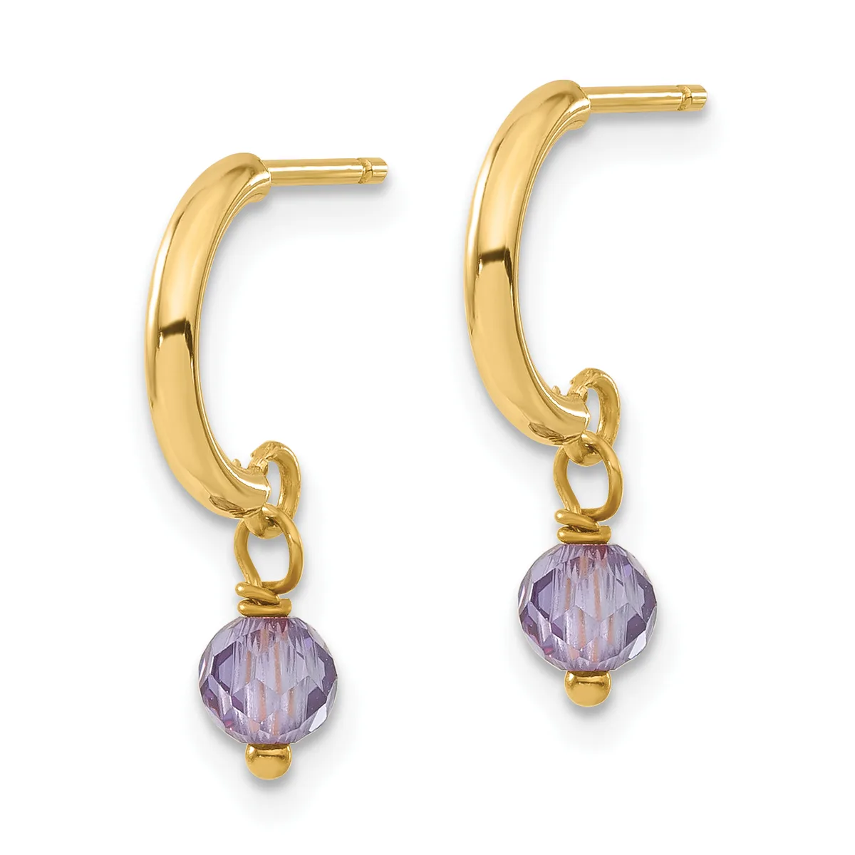 A pair of gold hoop earrings with purple faceted gemstone drops attached by small gold loops.