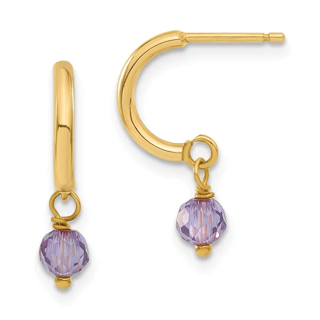 A pair of gold hoop earrings with faceted purple gemstone drops attached by small gold loops.