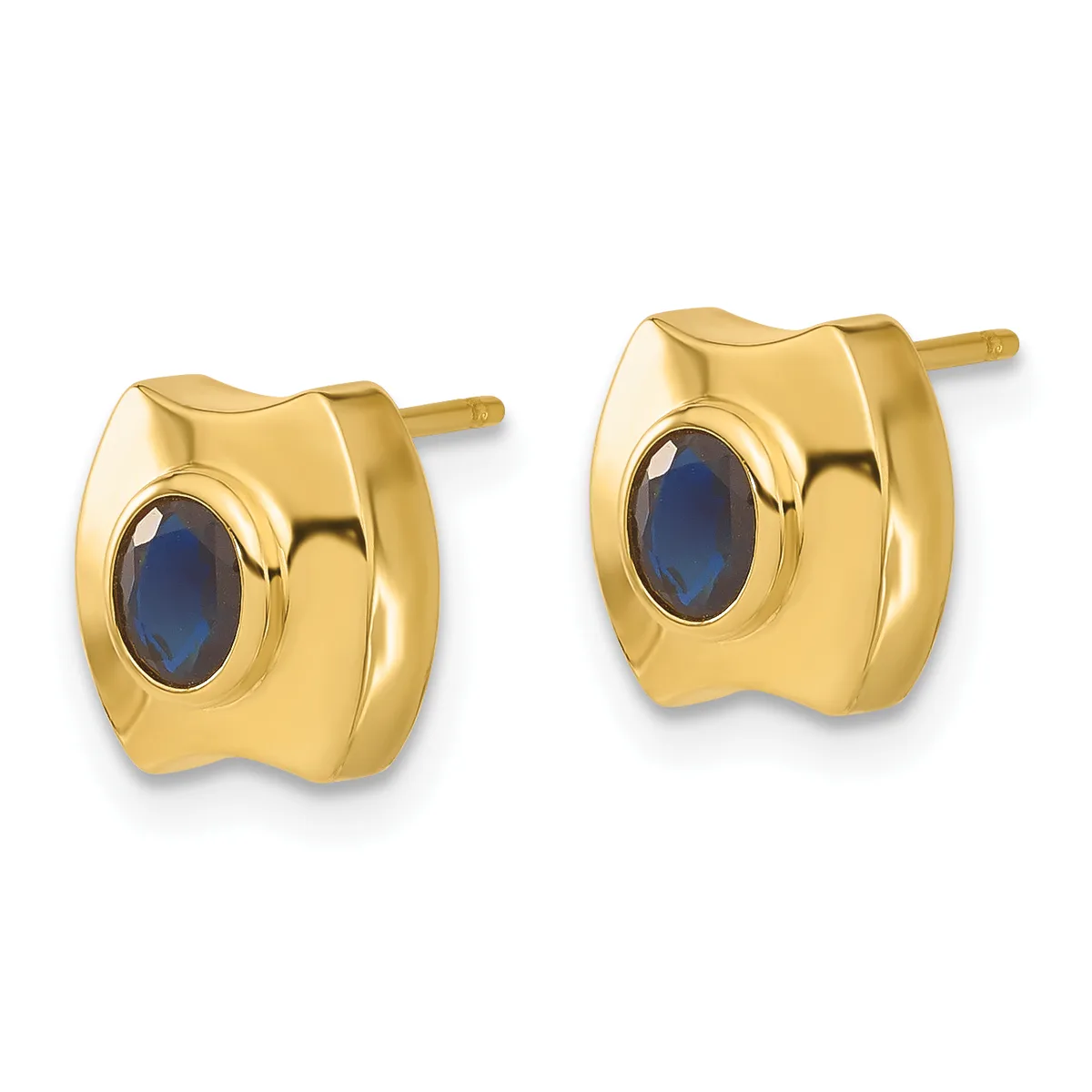 A pair of gold stud earrings with polished curved rectangular frames each set with an oval dark blue stone, shown from the front.
