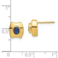 Gold stud earrings with oval blue gemstones set in curved rectangular frames, shown front and side view next to a measurement scale.