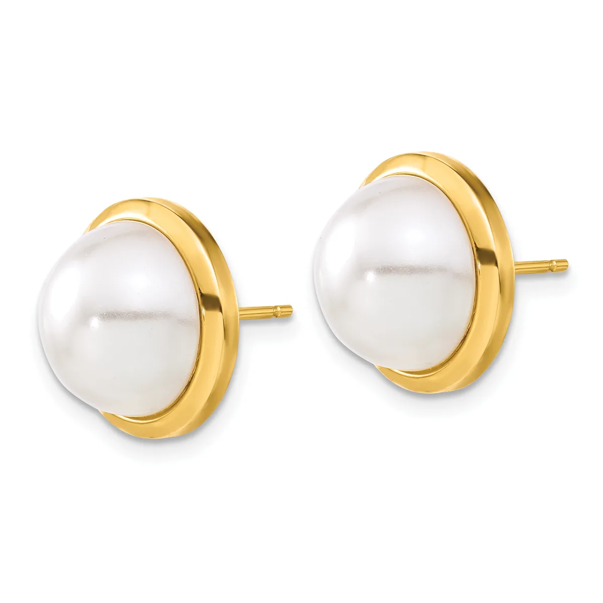 A pair of gold stud earrings featuring white pearl cabochons set in polished gold bezels with posts and backs.