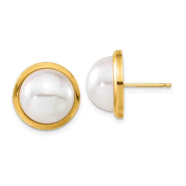 A pair of round white pearl stud earrings set in polished gold bezels, shown from front and side view.
