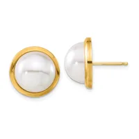 A pair of round white pearl stud earrings set in polished gold bezels, shown from front and side view.