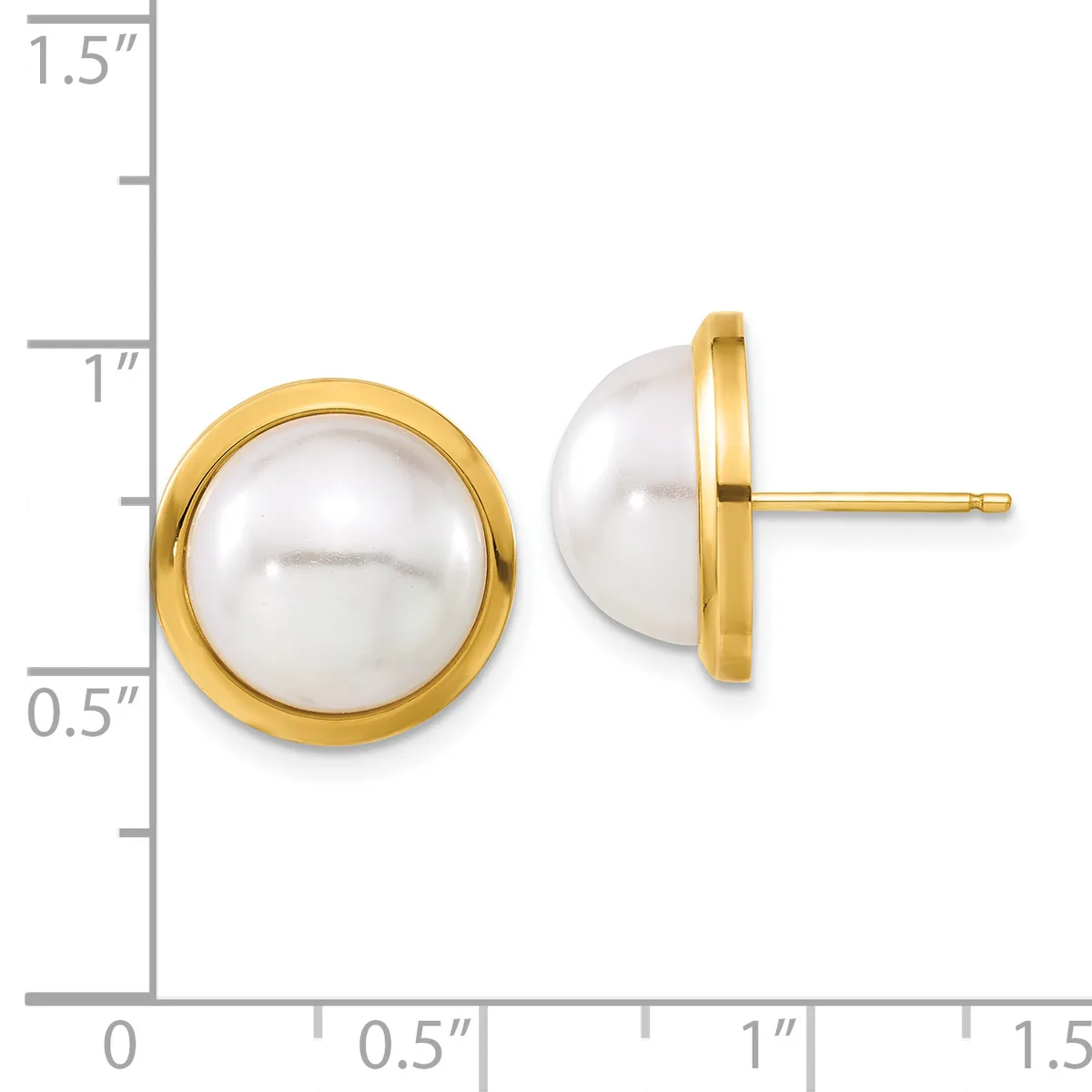 Pair of gold-rimmed pearl stud earrings with white round pearls, shown front and side view next to a measurement scale.