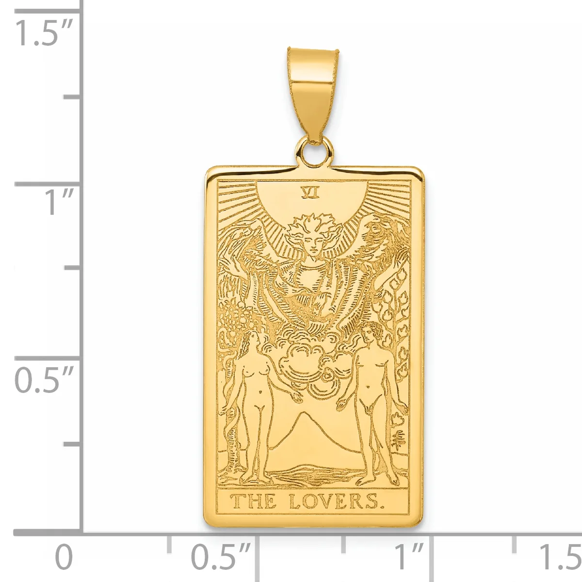 Gold rectangular tarot card pendant featuring "The Lovers" card design with two nude figures and a winged angel above, shown next to a ruler for scale.