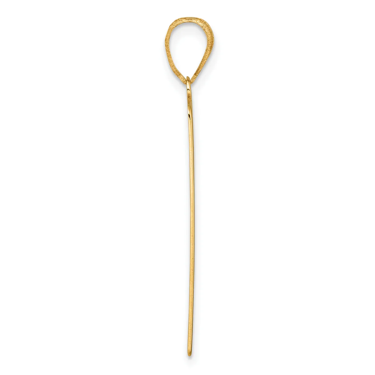 A long gold teardrop-shaped hair pin with a textured loop at the top and a tapered pointed shaft.