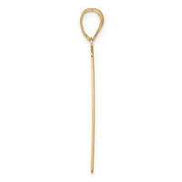 A long gold teardrop-shaped hair pin with a textured loop at the top and a tapered pointed shaft.