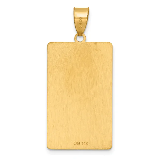 A rectangular gold pendant with a brushed finish and small stamped hallmark, suspended from a gold bail.