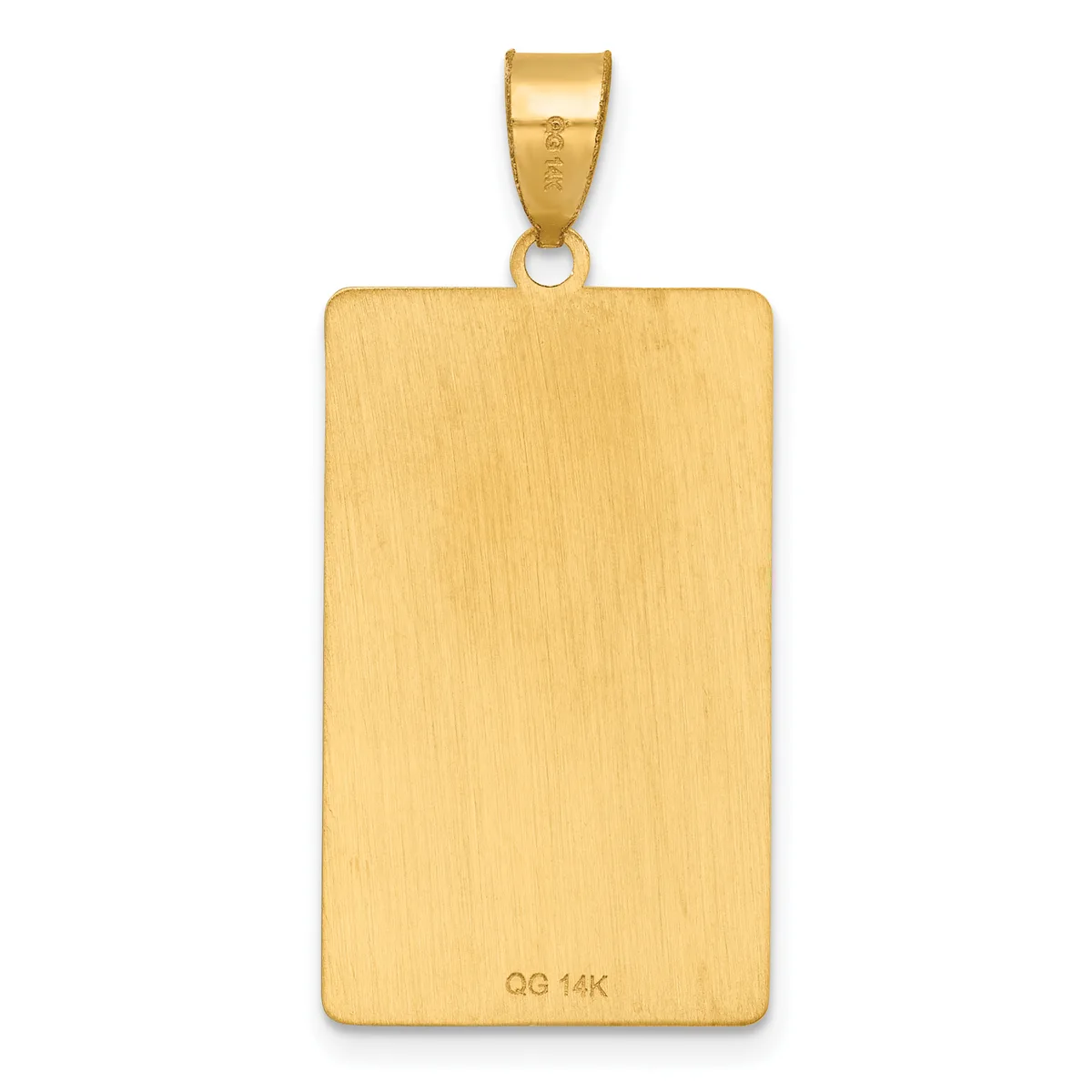 A rectangular gold pendant with a brushed finish and small stamped hallmark, suspended from a gold bail.