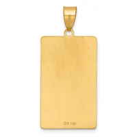 A rectangular gold pendant with a brushed finish and small stamped hallmark, suspended from a gold bail.