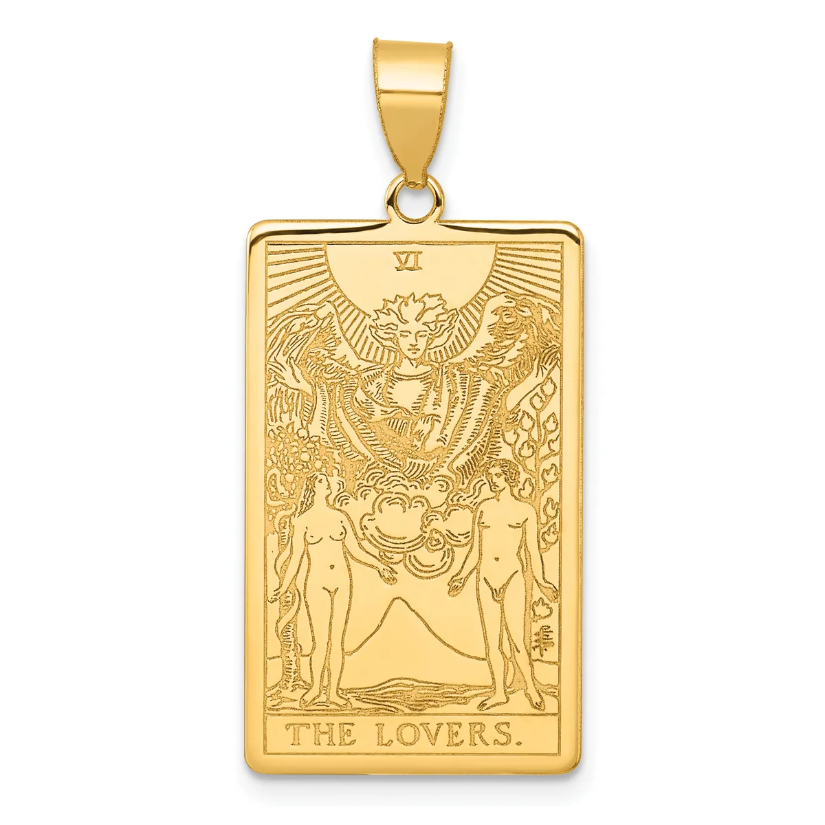 Gold rectangular pendant featuring The Lovers tarot card design with two nude figures, a winged cherub above, and Roman numeral VI at top, suspended from a gold bail.
