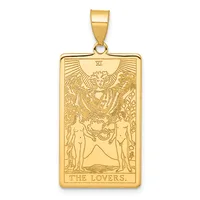 Gold rectangular pendant featuring The Lovers tarot card design with two nude figures, a winged cherub above, and Roman numeral VI at top, suspended from a gold bail.