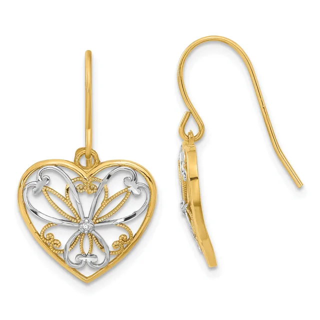 A pair of two-tone gold heart-shaped dangle earrings with filigree flower design and fish hook ear wires, shown from front and side views.