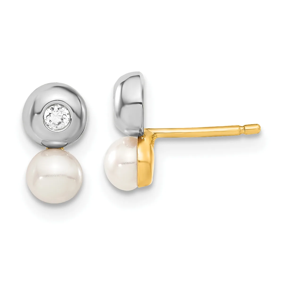 Pair of stud earrings featuring white pearls topped with silver bezels set with round white diamonds, shown from front and side views on gold posts.