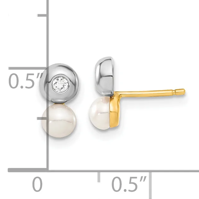 Two-tone stud earrings with a freshwater pearl below a round diamond in a bezel setting, shown front and side view with a measurement scale indicating 0.5 inch height.