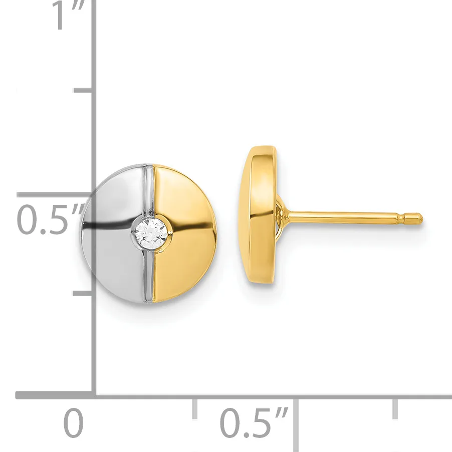 Two-tone gold and silver circular stud earrings with a center diamond, shown front and side view next to a measurement ruler.