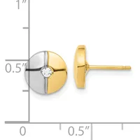 Two-tone gold and silver circular stud earrings with a center diamond, shown front and side view next to a measurement ruler.