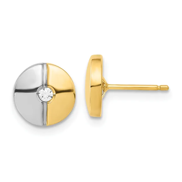 Pair of two-tone gold stud earrings with a circular design divided into white and yellow gold sections, each centered with a small round diamond, shown from front and side views.