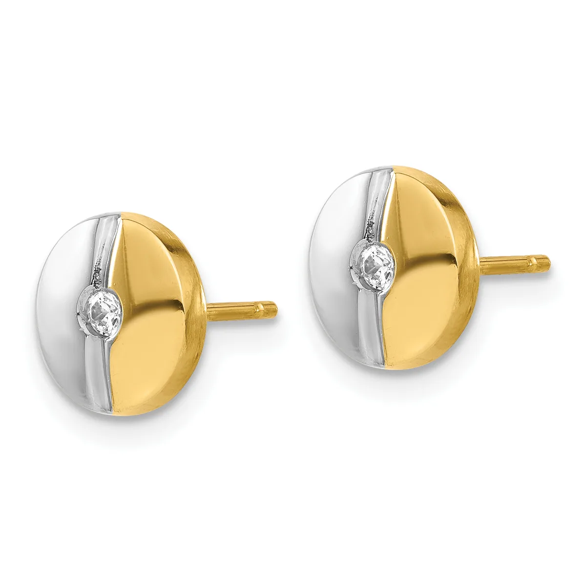 Pair of two-tone gold and silver stud earrings with round faces divided vertically, each featuring a small diamond accent on the silver stripe.