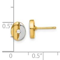 A pair of gold stud earrings with white stone centers set in circular mounts, shown from front and side views on a measurement scale.