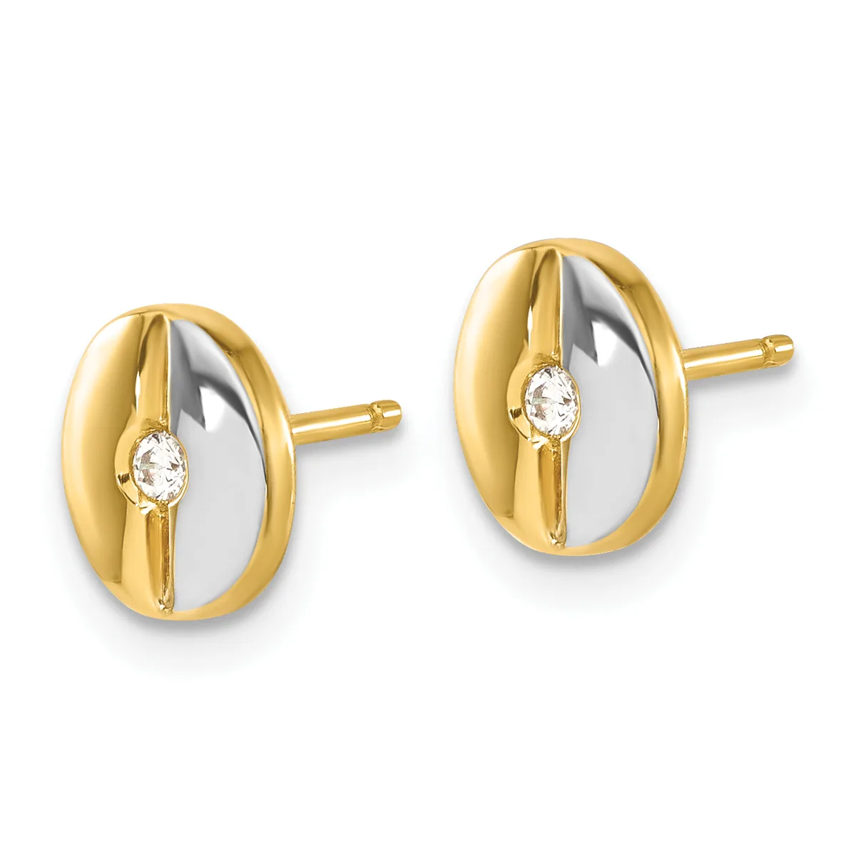 A pair of two-tone gold stud earrings with oval faces featuring white metal centers, gold striping, and small round diamonds, shown from the front.