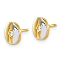 A pair of two-tone gold stud earrings with oval faces featuring white metal centers, gold striping, and small round diamonds, shown from the front.