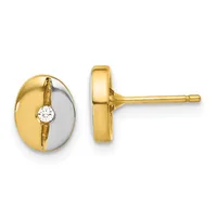 A pair of two-tone gold stud earrings featuring oval faces with white diamond centers, shown from front and side views.