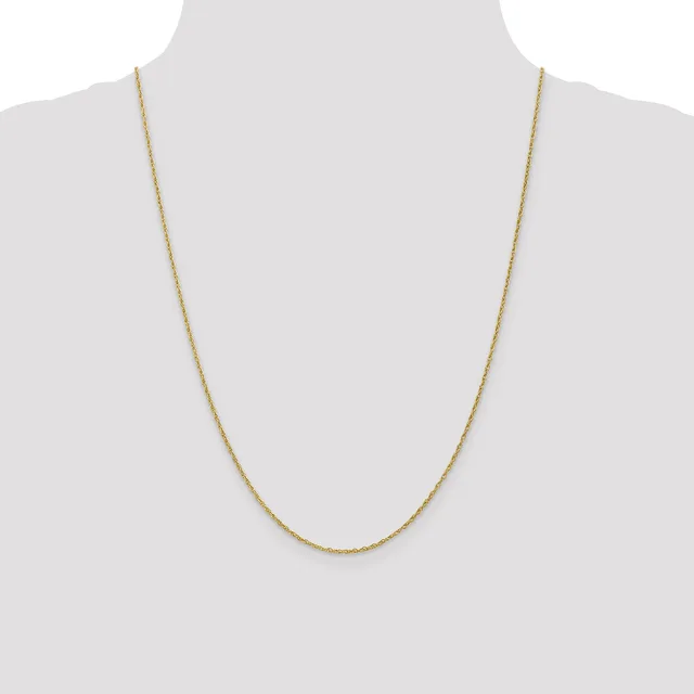 A thin gold-toned chain necklace displayed on a mannequin neck form against a white background.