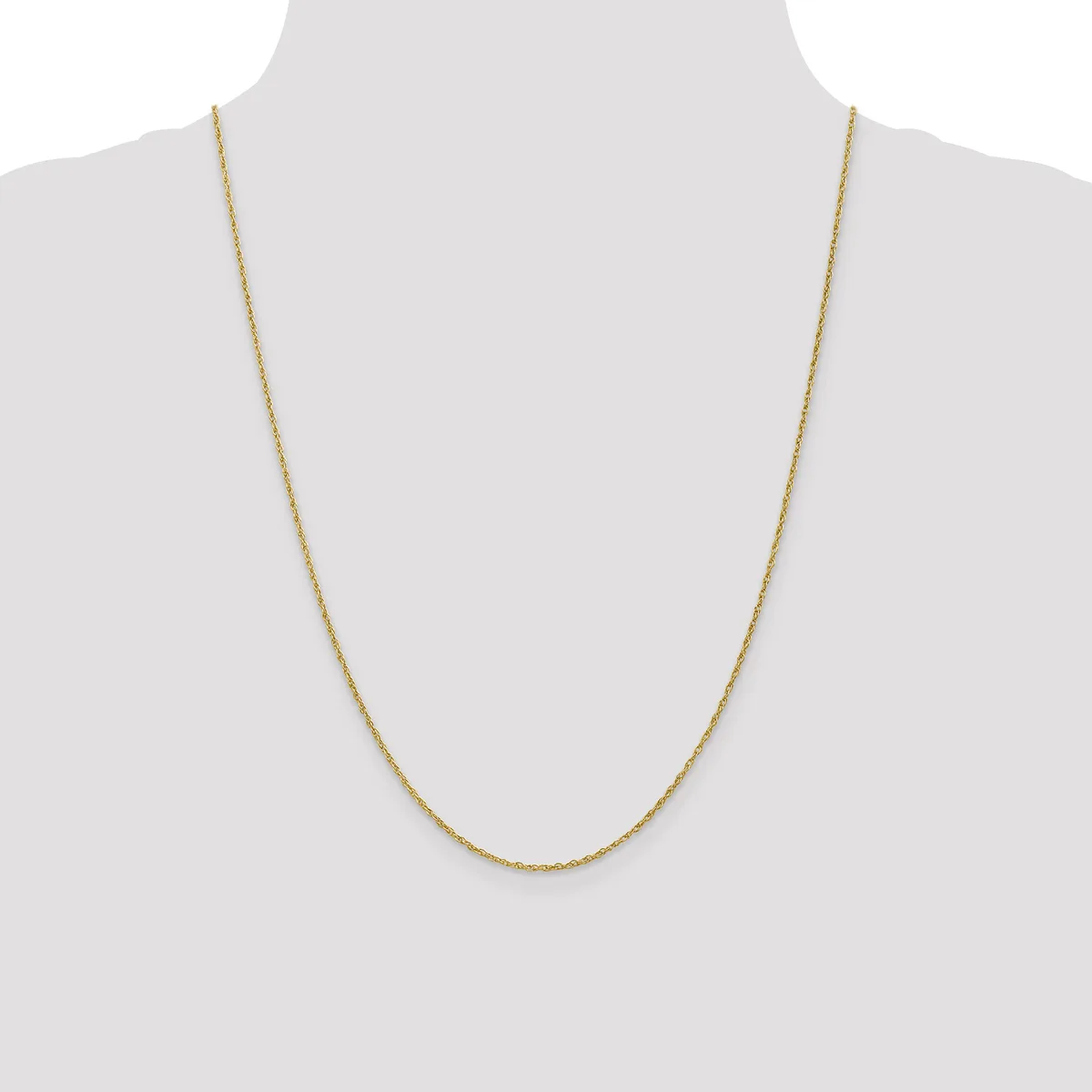 A thin gold-toned chain necklace displayed on a mannequin neck form against a white background.