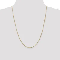A thin gold-toned chain necklace displayed on a mannequin neck form against a white background.