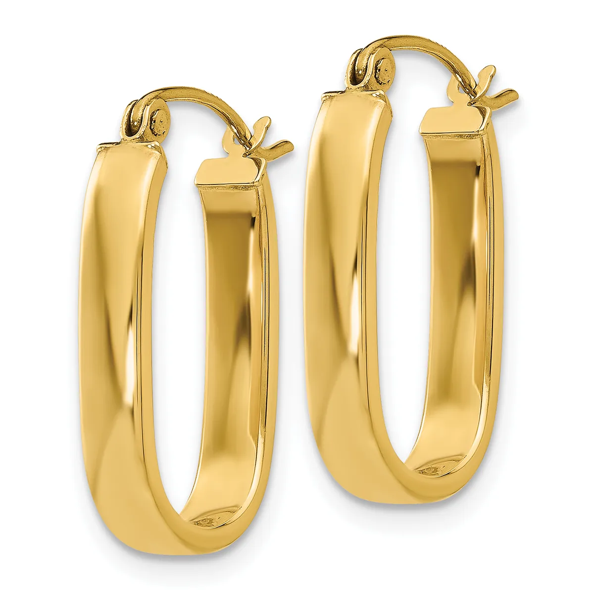 A pair of polished gold hoop earrings with a chunky, rounded rectangular profile and hinged closures, displayed side by side.