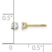 A pair of yellow gold stud earrings with round clear gemstones, shown front and side view with a measurement scale indicating approximately 0.5 inches in diameter.