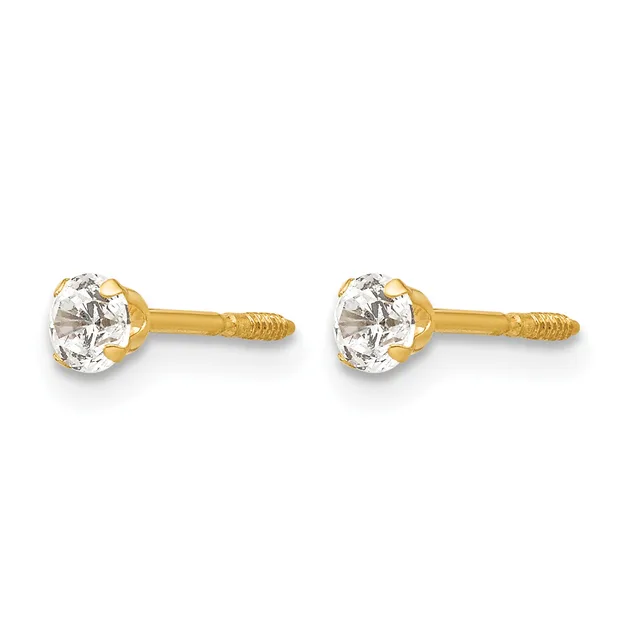 Pair of gold stud earrings with round clear gemstones in prong settings and textured posts.