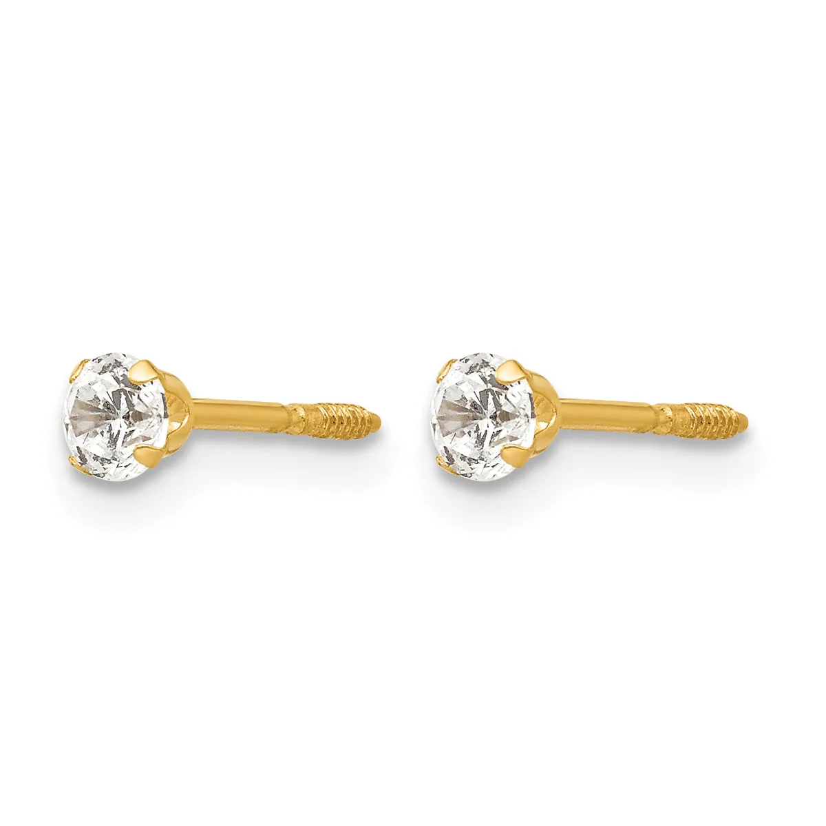 Pair of gold stud earrings with round clear gemstones in prong settings and textured posts.