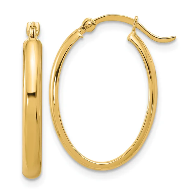A pair of polished gold oval hoop earrings with a thick, smooth finish and hinged posts shown from front and side views.