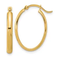 A pair of polished gold oval hoop earrings with a thick, smooth finish and hinged posts shown from front and side views.