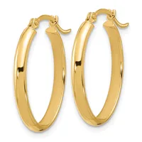 A pair of polished gold hoop earrings with hinged closures, displayed against a white background.