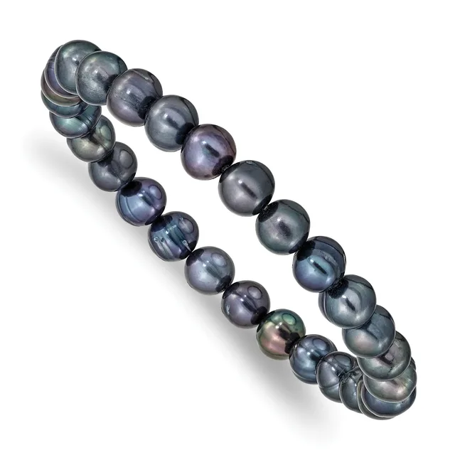 A stretchy bracelet made of dark gray and black pearls with iridescent purple and green overtones, arranged in two strands.