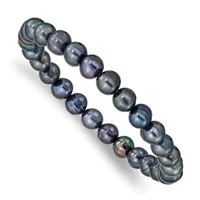A stretchy bracelet made of dark gray and black pearls with iridescent purple and green overtones, arranged in two strands.