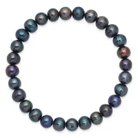 A bracelet made of dark gray and blue-green pearl beads arranged in a circle against a white background.