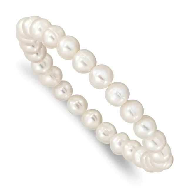A double-strand bracelet made of lustrous white pearls of varying sizes arranged in two parallel rows connected at the clasp.