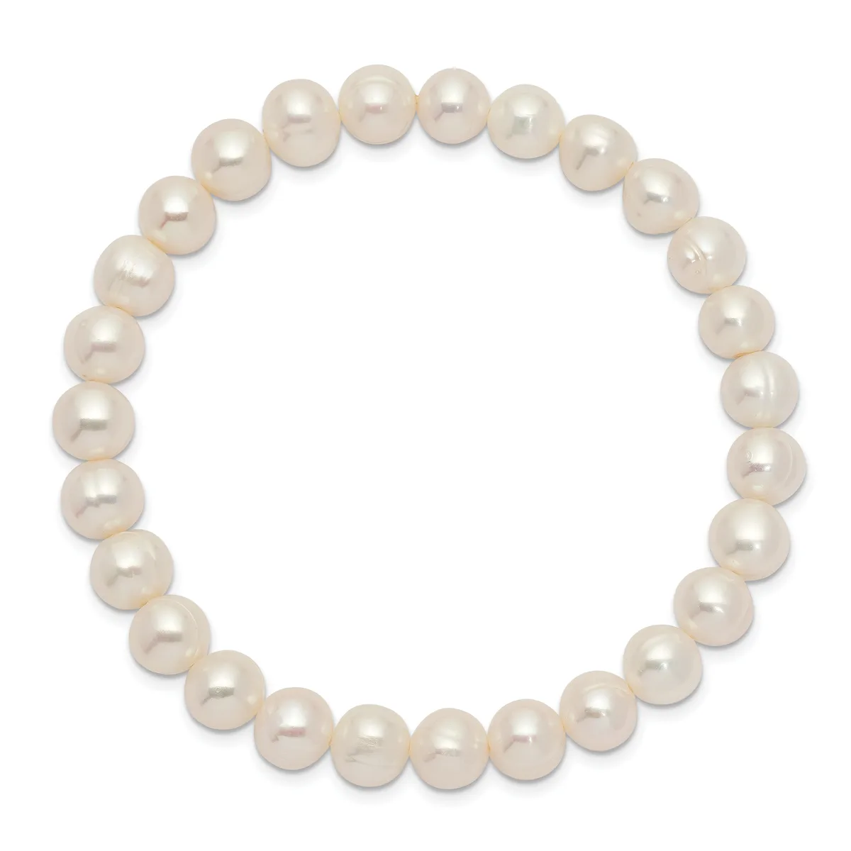 A stretchy bracelet strung with uniformly sized cream-colored pearl beads arranged in a complete circle against a white background.