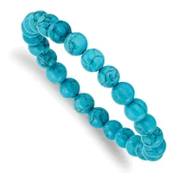 A turquoise beaded bracelet with two strands of round polished stones arranged in a curved stretch design against a white background.