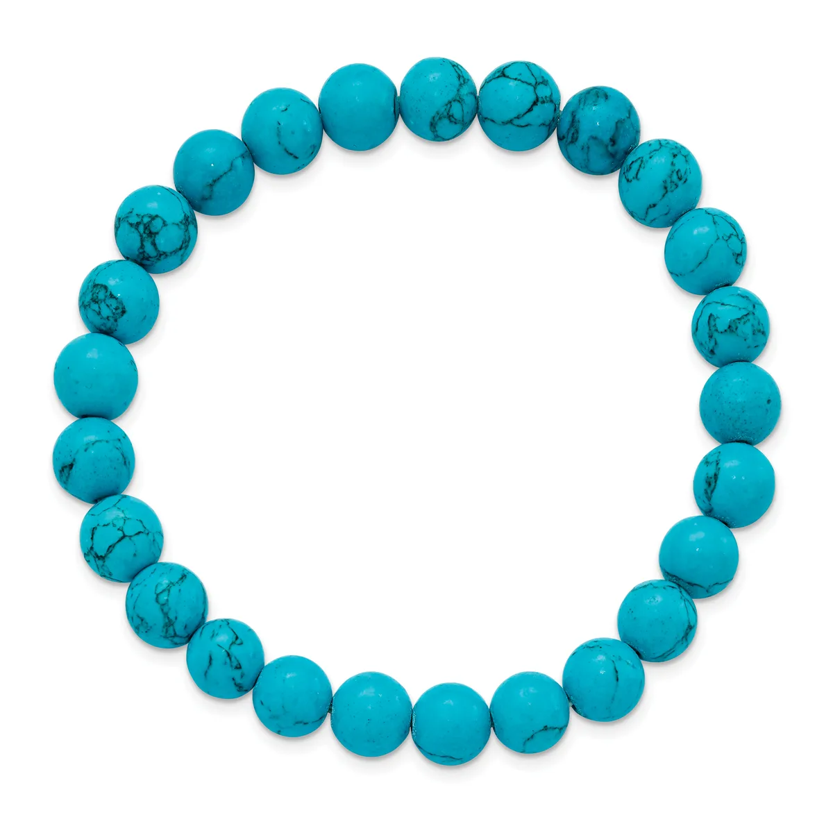 A beaded bracelet made of turquoise spheres with black veining, arranged in a circle against a white background.