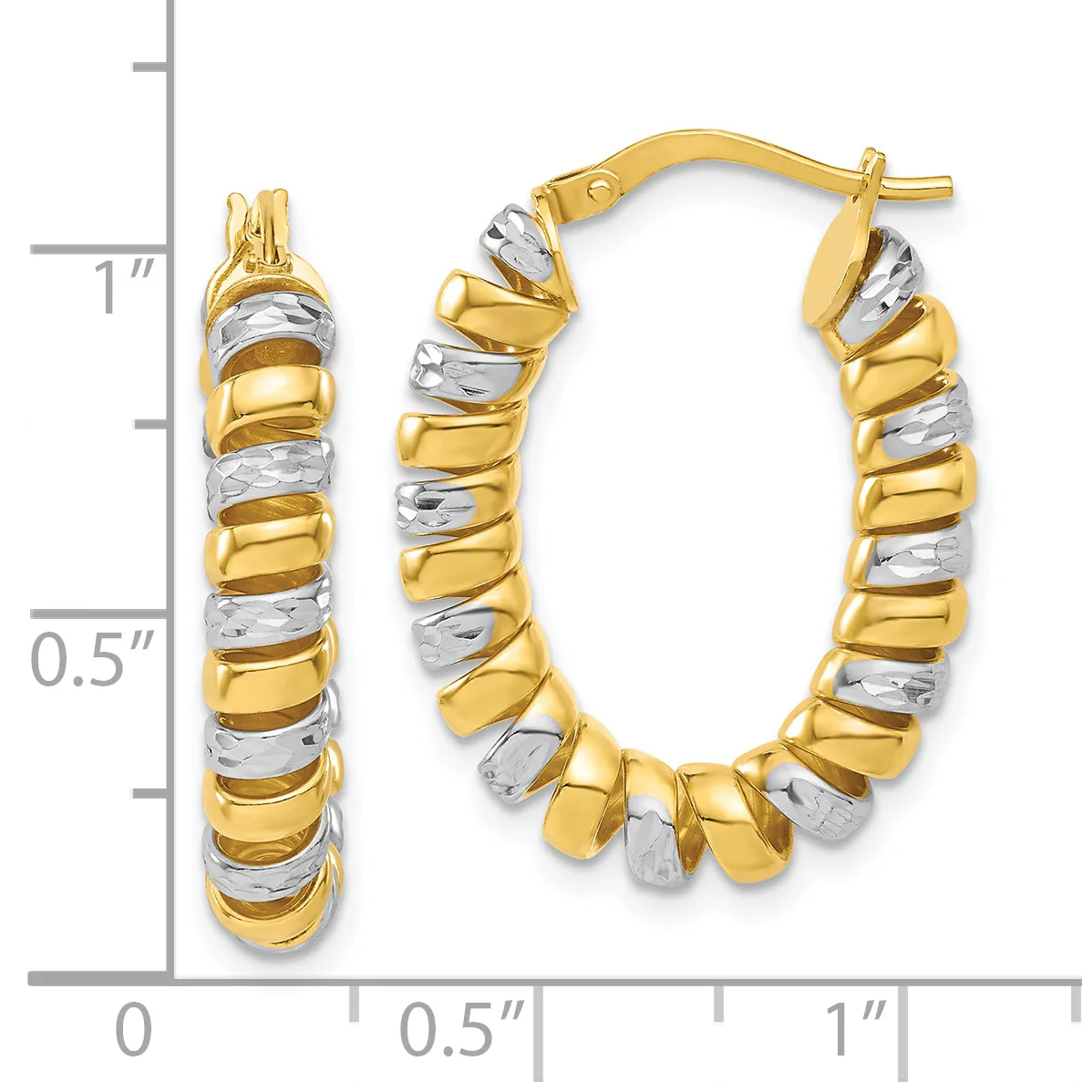 Two-tone gold hoop earrings with alternating polished yellow and textured white gold segments, shown on a measurement scale indicating approximately one inch in length.
